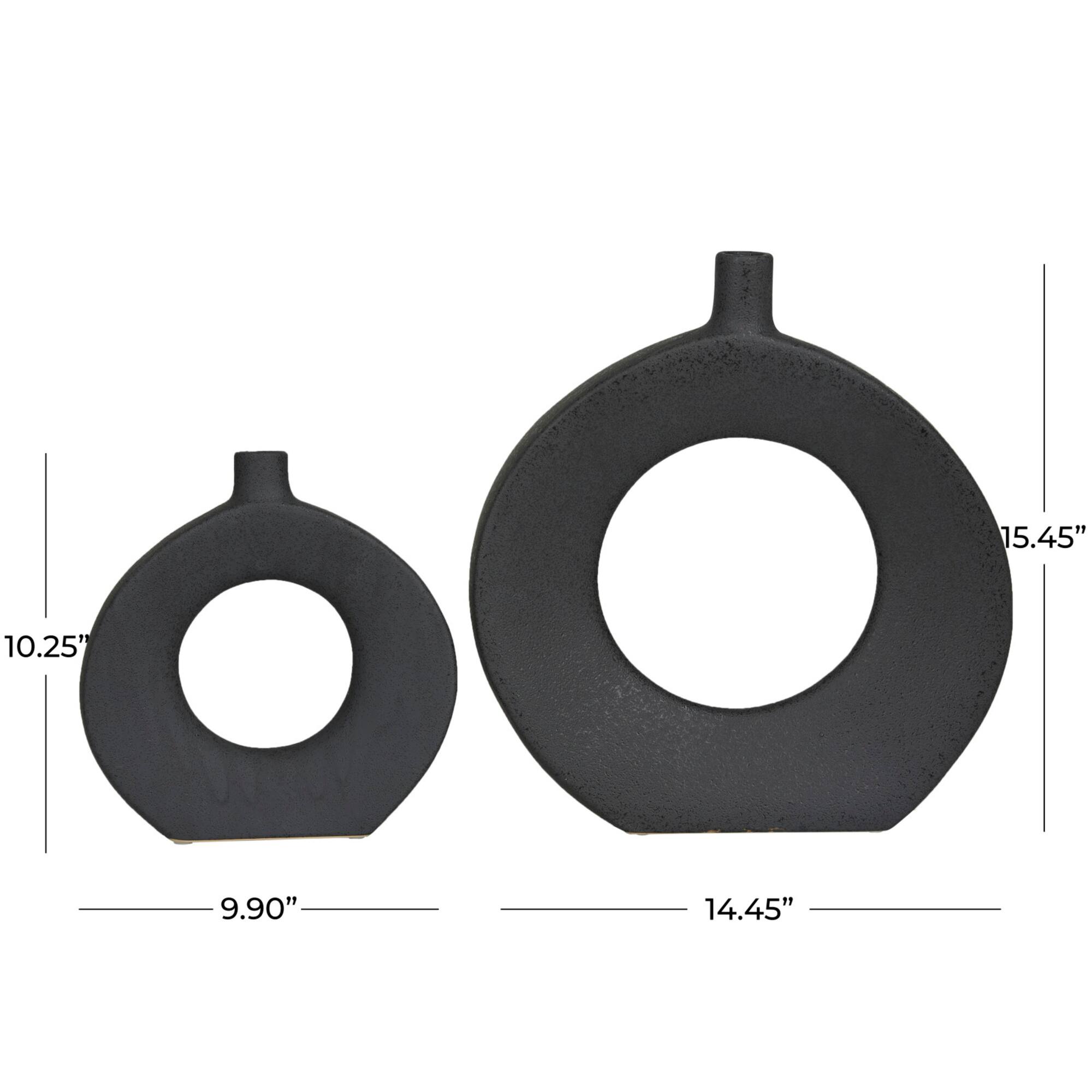 CosmoLiving by Cosmopolitan Black Ceramic Round Donut Shaped Vase Set of 2 15", 10"